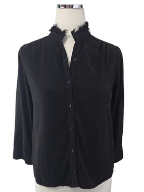 Maven West Fringe Collar Shirt Womens XS Black Tencel Rayon Button Down Frayed